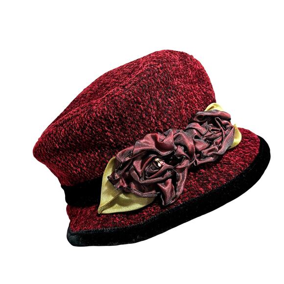 Toucan burgundy red chenille bucket hat black trim flowers on hatband soft warm - Picture 1 of 10